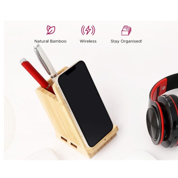 Bamboo Wireless Charger + Pen Stand